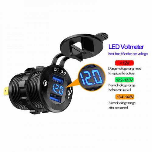 картинка Разъем Usb в авто (врезные) 12V-24V 2USB GH-DS21 + Вольтметр (Круглый) QC3.0A